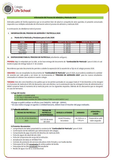 Comunicado sobre la matrícula 2026